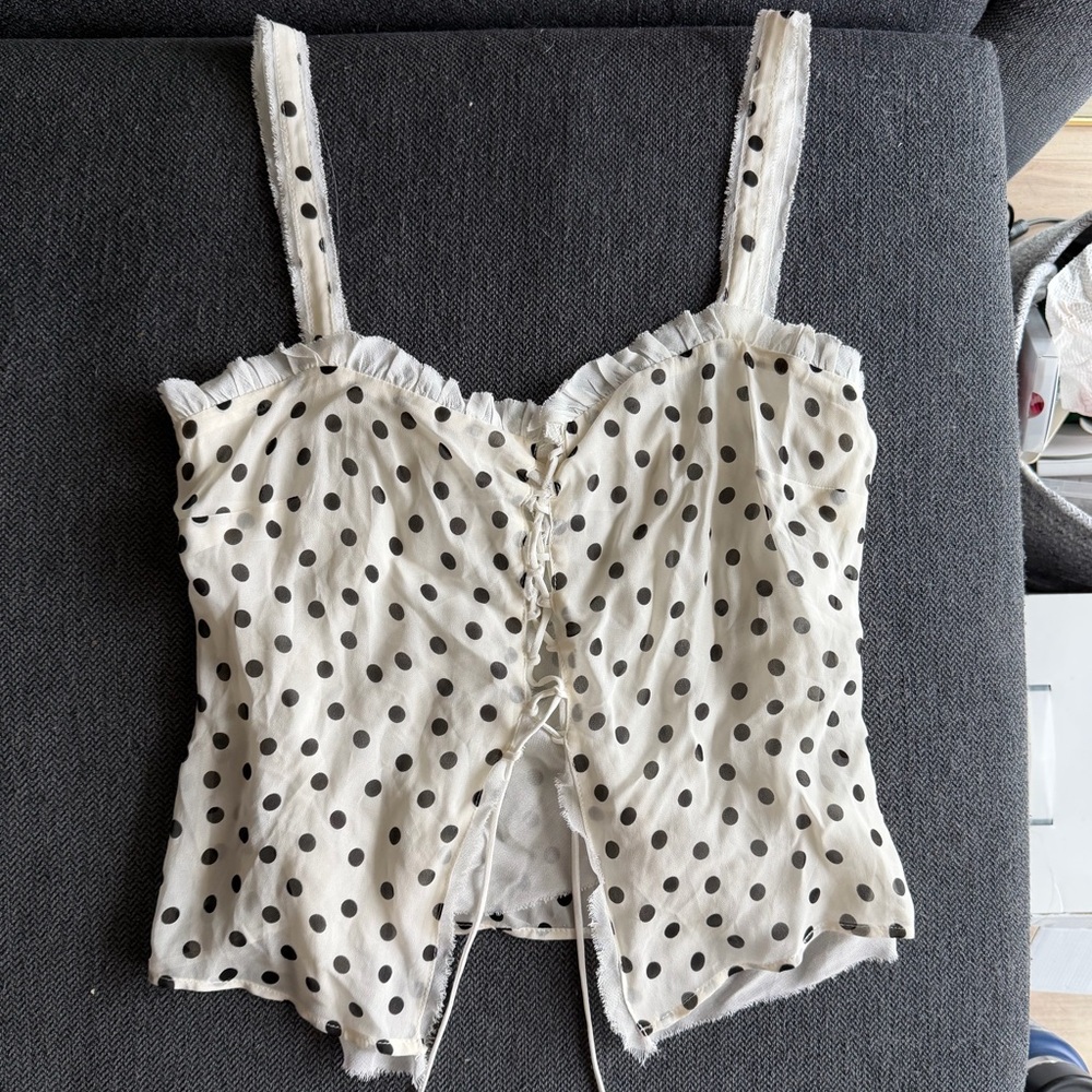 Zara Polka Dot Tie-Front Cami Top - White with Black Dots